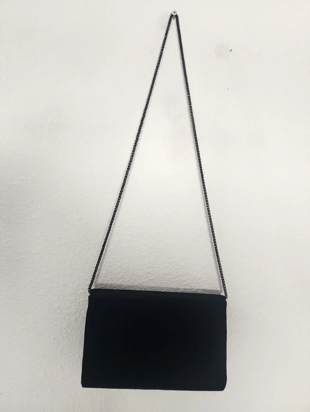 Vintage RODO Black Satin Evening Clutch Crystal Ring Chain Silver Bag Italy